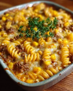 Loaded Cheddar Ranch Beef and Sweet Corn Rotini Bake served in a casserole dish