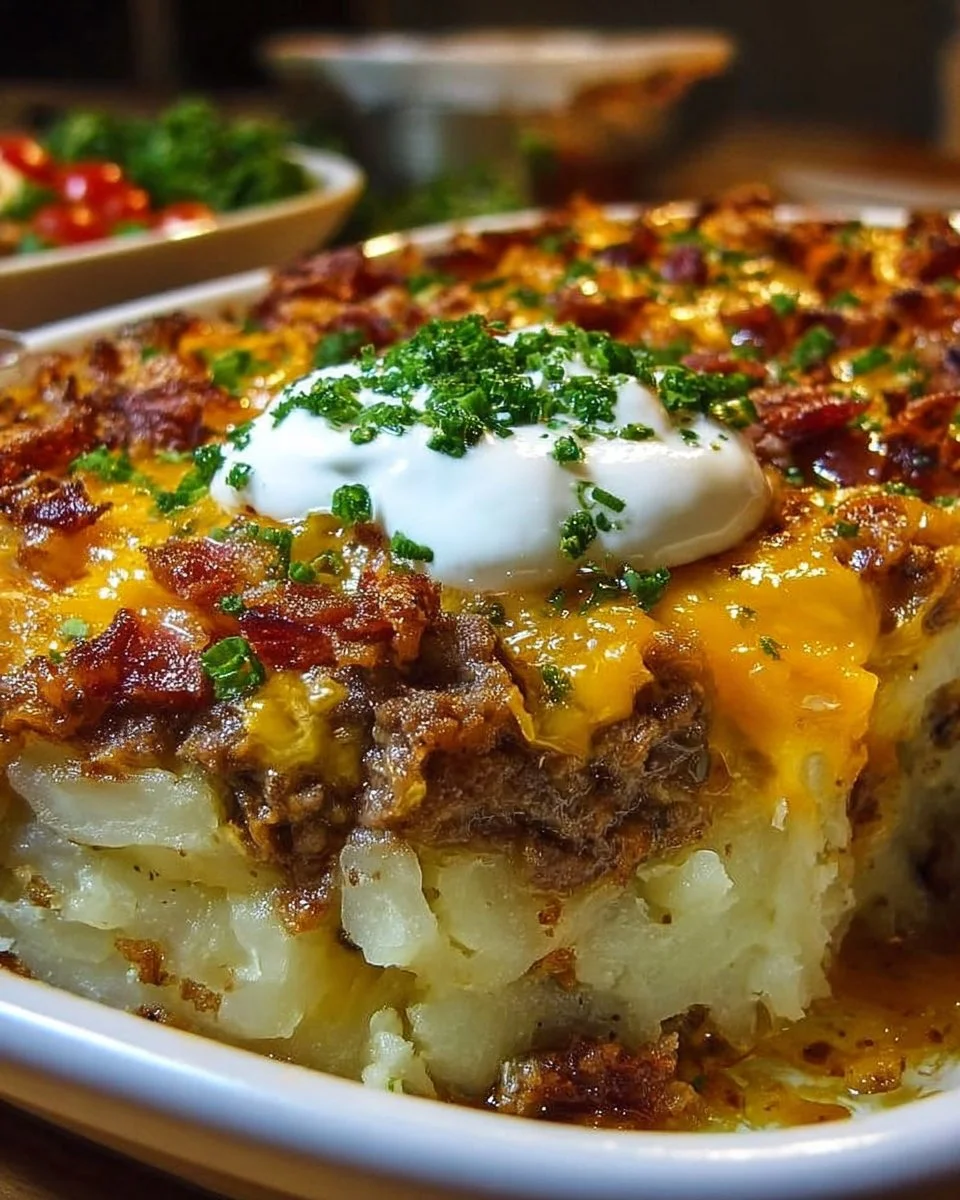 Loaded Potato Meatloaf Casserole topped with cheese and herbs