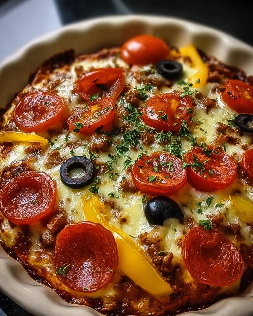 Low carb crustless pizza bowl with fresh toppings and melted cheese