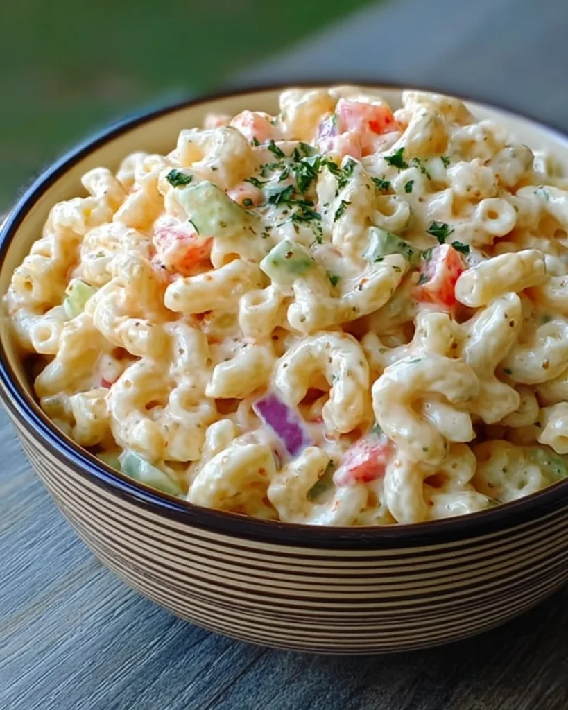 A colorful bowl of macaroni salad garnished with herbs and vegetables.