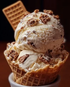 Delicious Malted Milk Toffee Crunch Ice Cream served in a waffle cone.