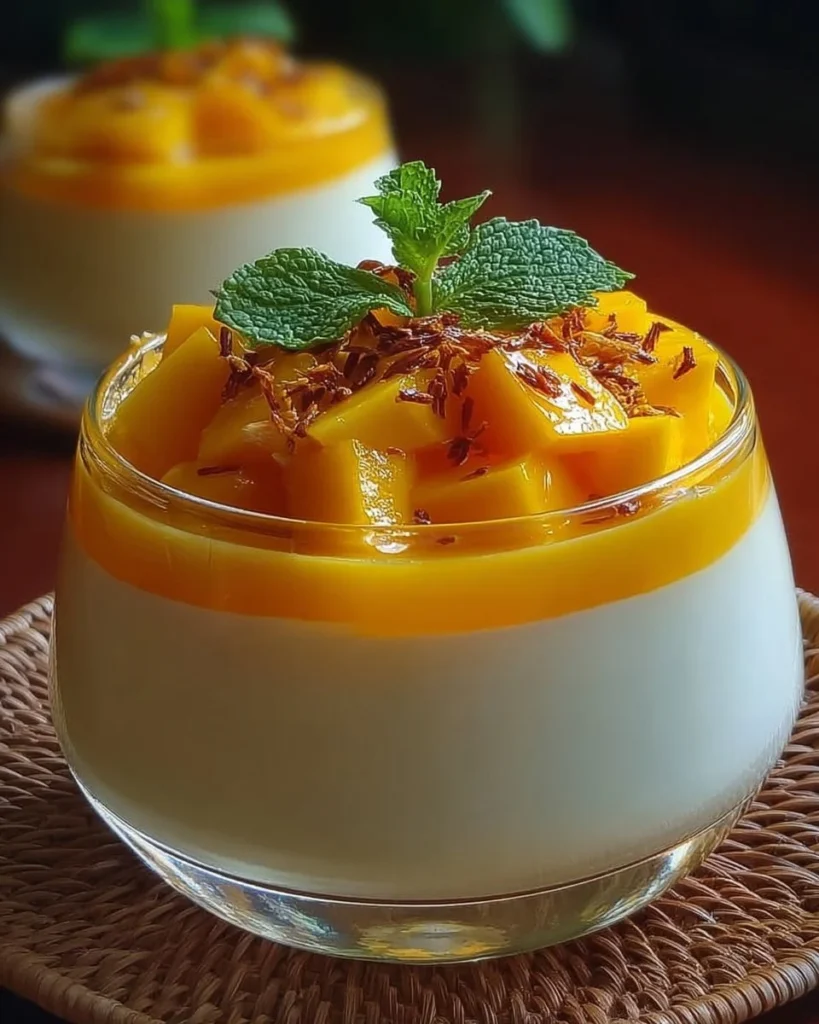 Delicious Mango Panna Cotta Delight served in glass with fresh mango slices