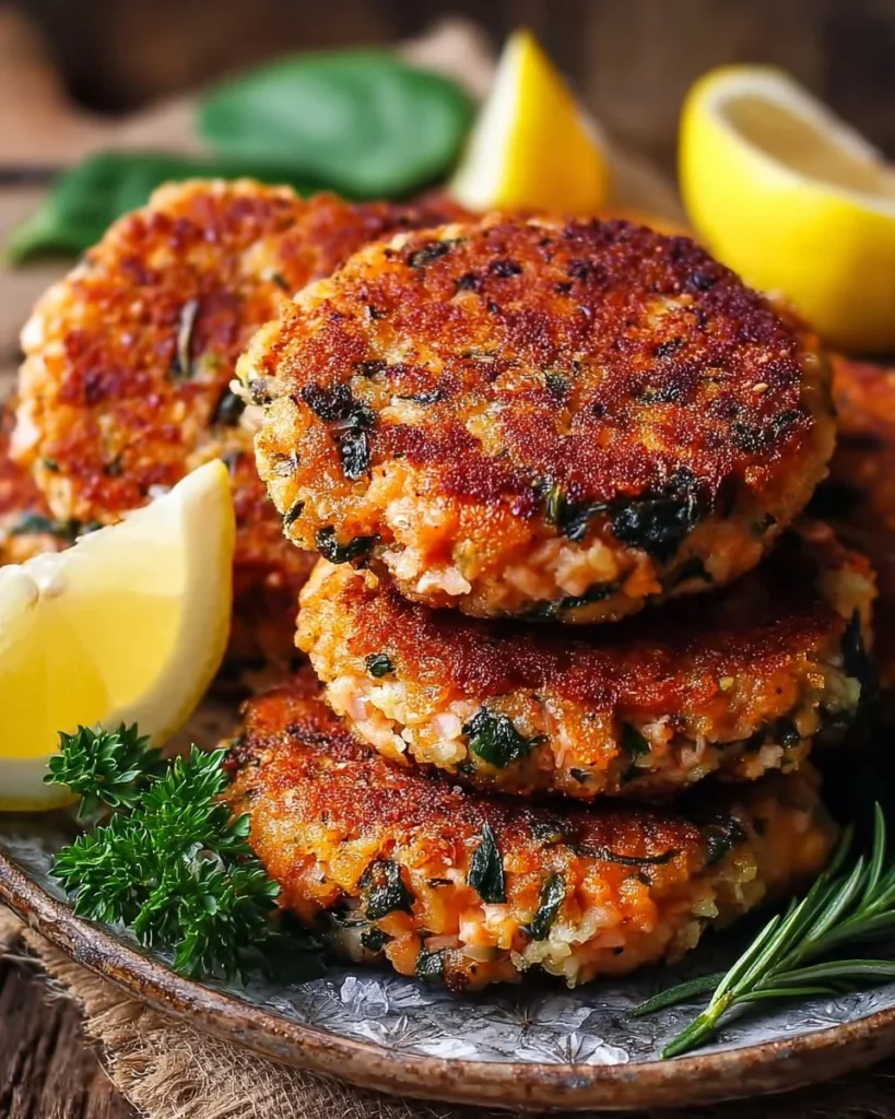 Mediterranean salmon patties served on a plate garnished with herbs.