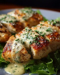 Melt In Your Mouth Caesar Chicken dish garnished with Caesar dressing and herbs
