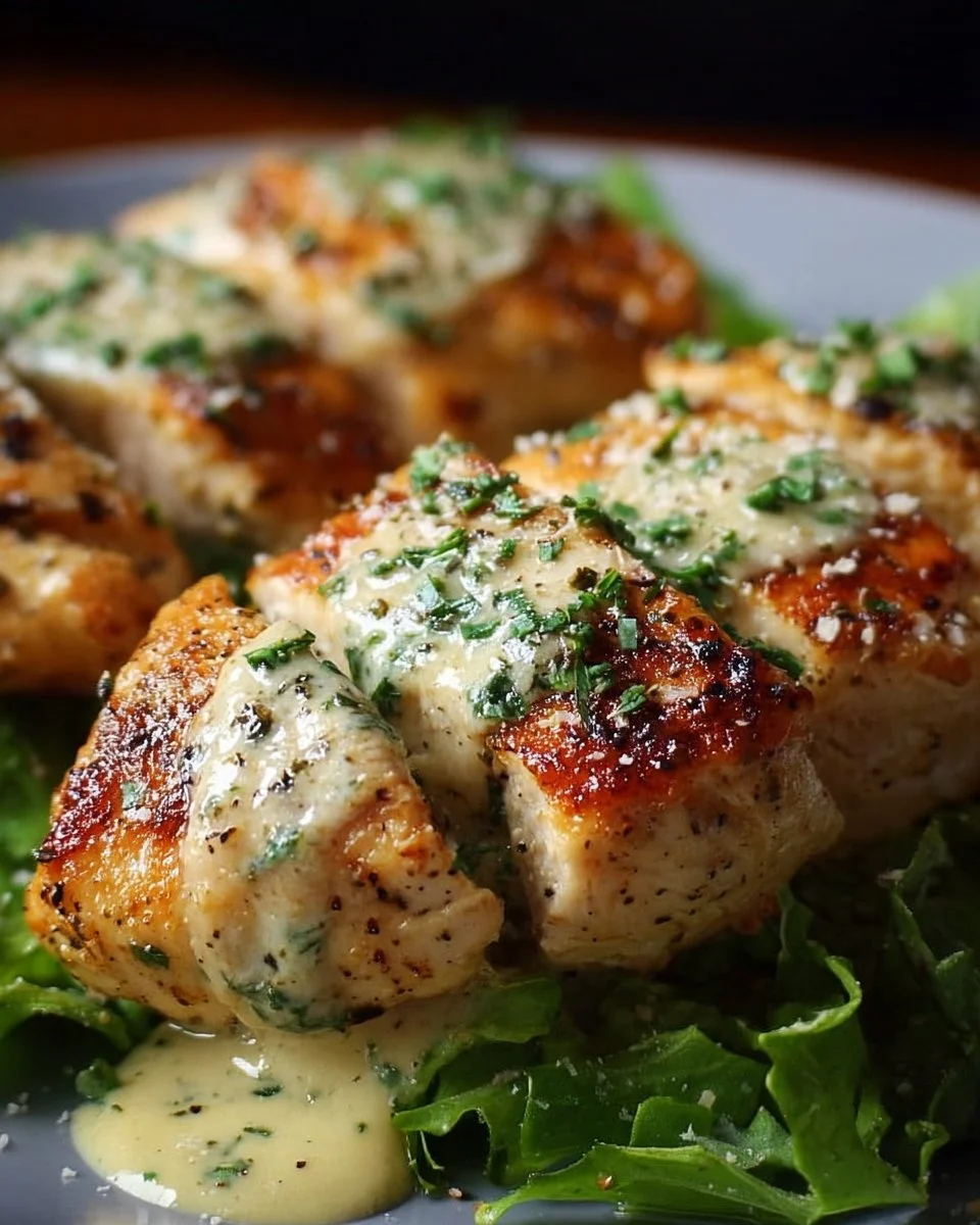 Melt In Your Mouth Caesar Chicken dish garnished with Caesar dressing and herbs
