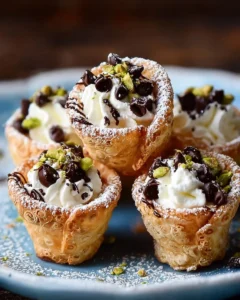 Delicious mini cannoli cups filled with creamy ricotta and topped with chocolate.