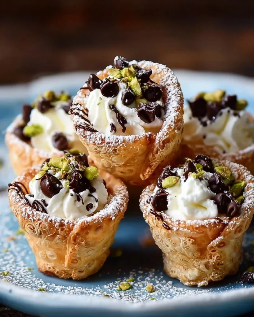 Delicious mini cannoli cups filled with creamy ricotta and topped with chocolate.