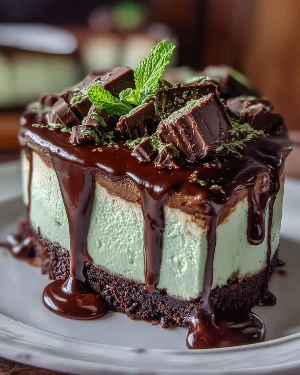 Mint Chocolate Fudge Cheesecake Cake with a rich chocolate and mint topping
