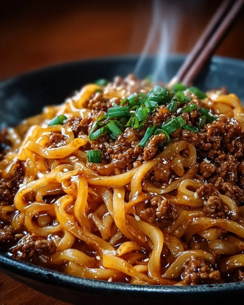 Delicious plate of Mongolian ground beef noodles garnished with vegetables.