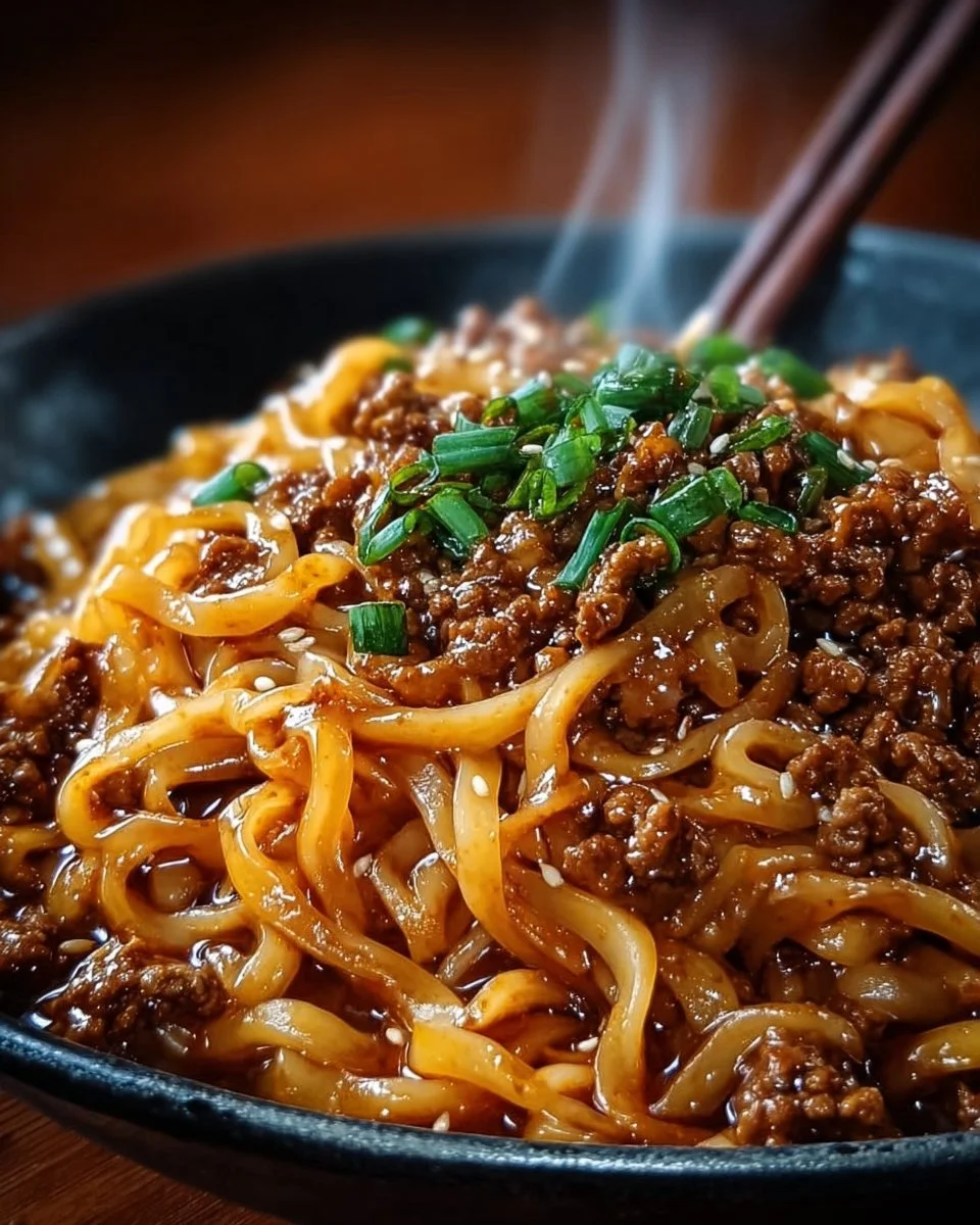 Delicious plate of Mongolian ground beef noodles garnished with vegetables.