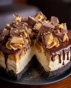 Mouth-watering Reese's Peanut Butter Cup Cheesecake with rich chocolate and creamy peanut butter