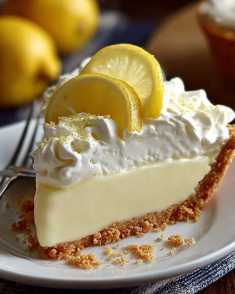 No-Bake Cream Cheese Lemonade Pie topped with fresh lemon slices