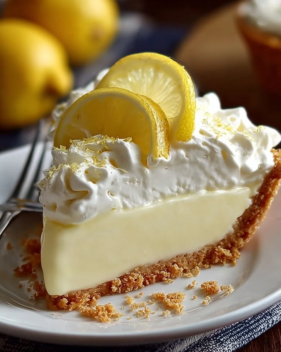 No-Bake Cream Cheese Lemonade Pie topped with fresh lemon slices