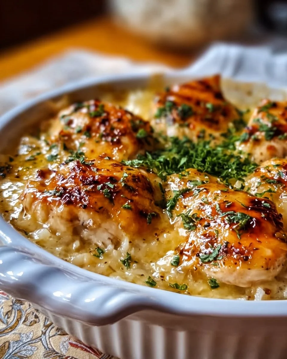 Delicious No-Peek Chicken Casserole with melted cheese and savory ingredients