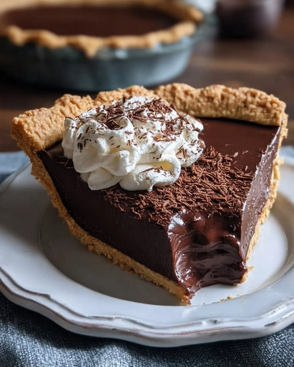 Homemade old-fashioned chocolate pie with a creamy filling and chocolate topping