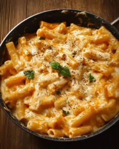 One-Pan White Cheddar Mozzarella Pasta topped with herbs and cheese