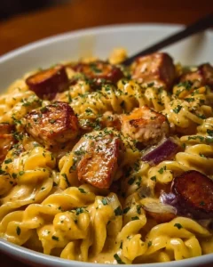 One-Pot Smoky Cheddar Ranch Chicken and Beef Sausage Pasta in a bowl