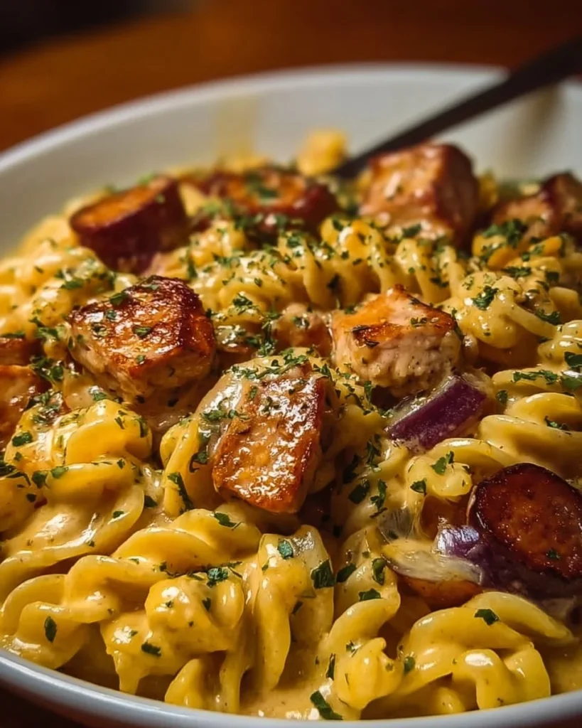 One-Pot Smoky Cheddar Ranch Chicken and Beef Sausage Pasta in a bowl