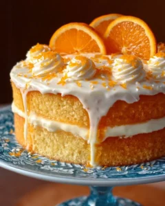 Delicious Orange Creamsicle Cake with orange frosting and creamy layers