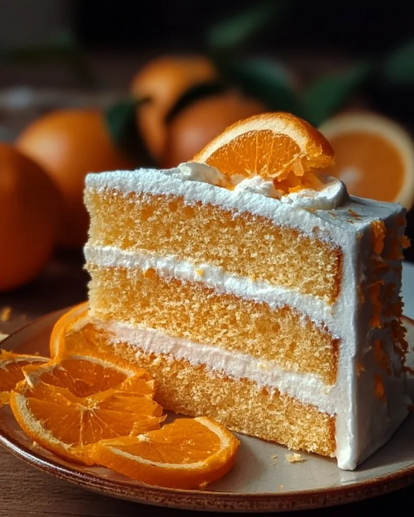 Moist Orange Dreamsicle Cake topped with orange frosting and garnished with slices.