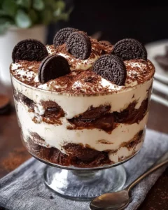 Delicious Oreo Tiramisu Trifle with layers of cream and crushed Oreos