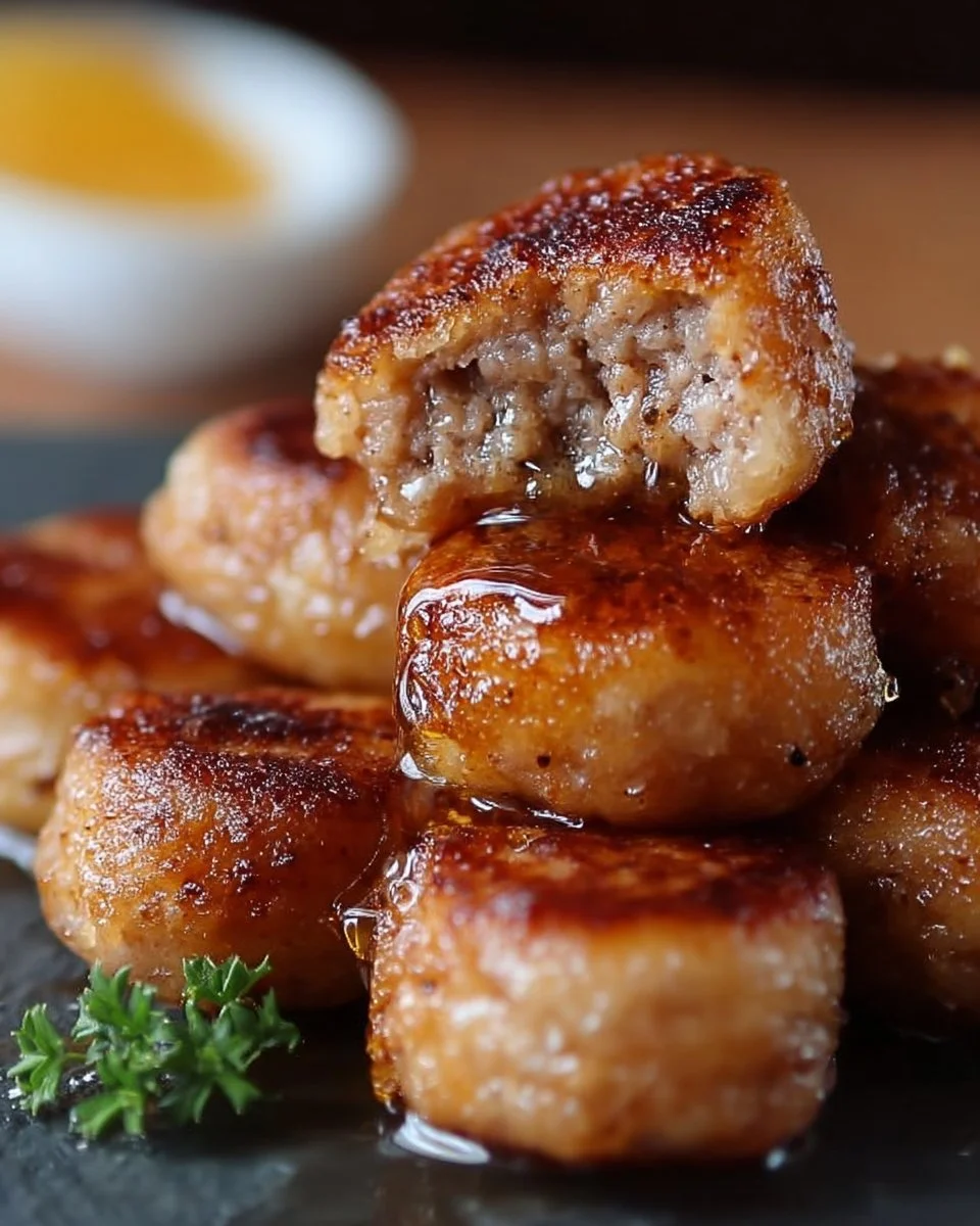 Plate of golden pancake sausage bites served with syrup