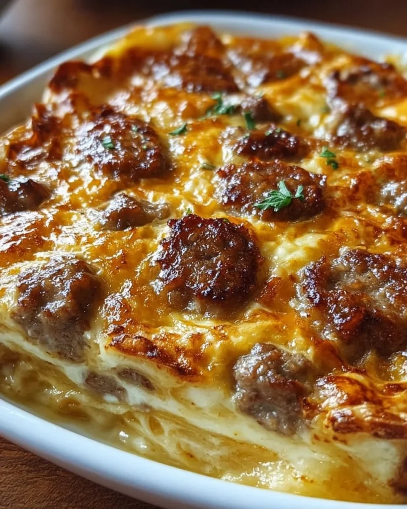 Baked pancake sausage casserole topped with syrup and fresh berries