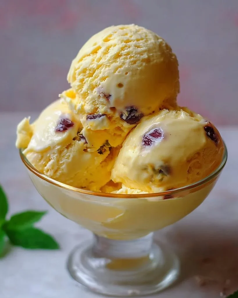 Bowl of homemade passion fruit ice cream topped with fresh fruits