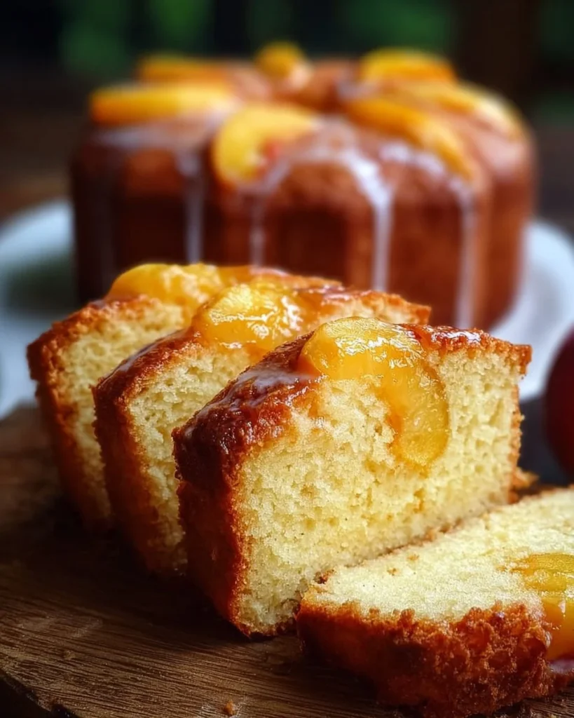 Delicious slice of Peach Buttermilk Pound Cake garnished with fresh peaches.