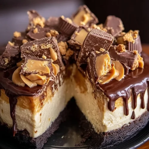 Peanut Butter Cup Cheesecake with Chocolate Ganache and Caramel