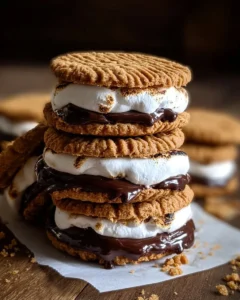 Peanut Butter S'mores Sandwich Cookies with gooey marshmallow and chocolate filling