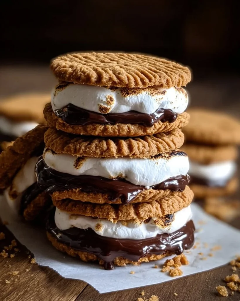 Peanut Butter S'mores Sandwich Cookies with gooey marshmallow and chocolate filling