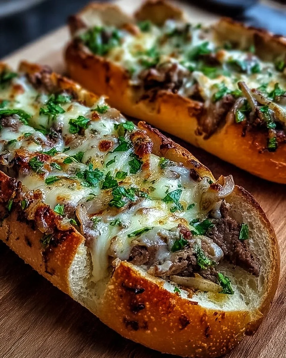 Delicious Philly cheesesteak garlic bread topped with melted cheese and succulent beef.