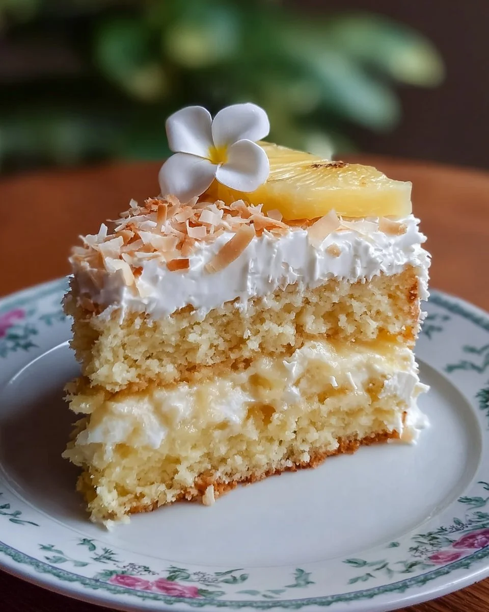 A slice of Pineapple Coconut Dream Cake topped with coconut flakes and pineapple slices