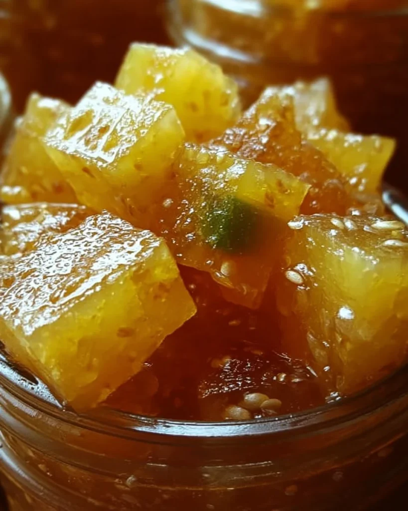 Pineapple-Cowboy Candy Pepper Jelly in a glass jar with fresh peppers and pineapples.