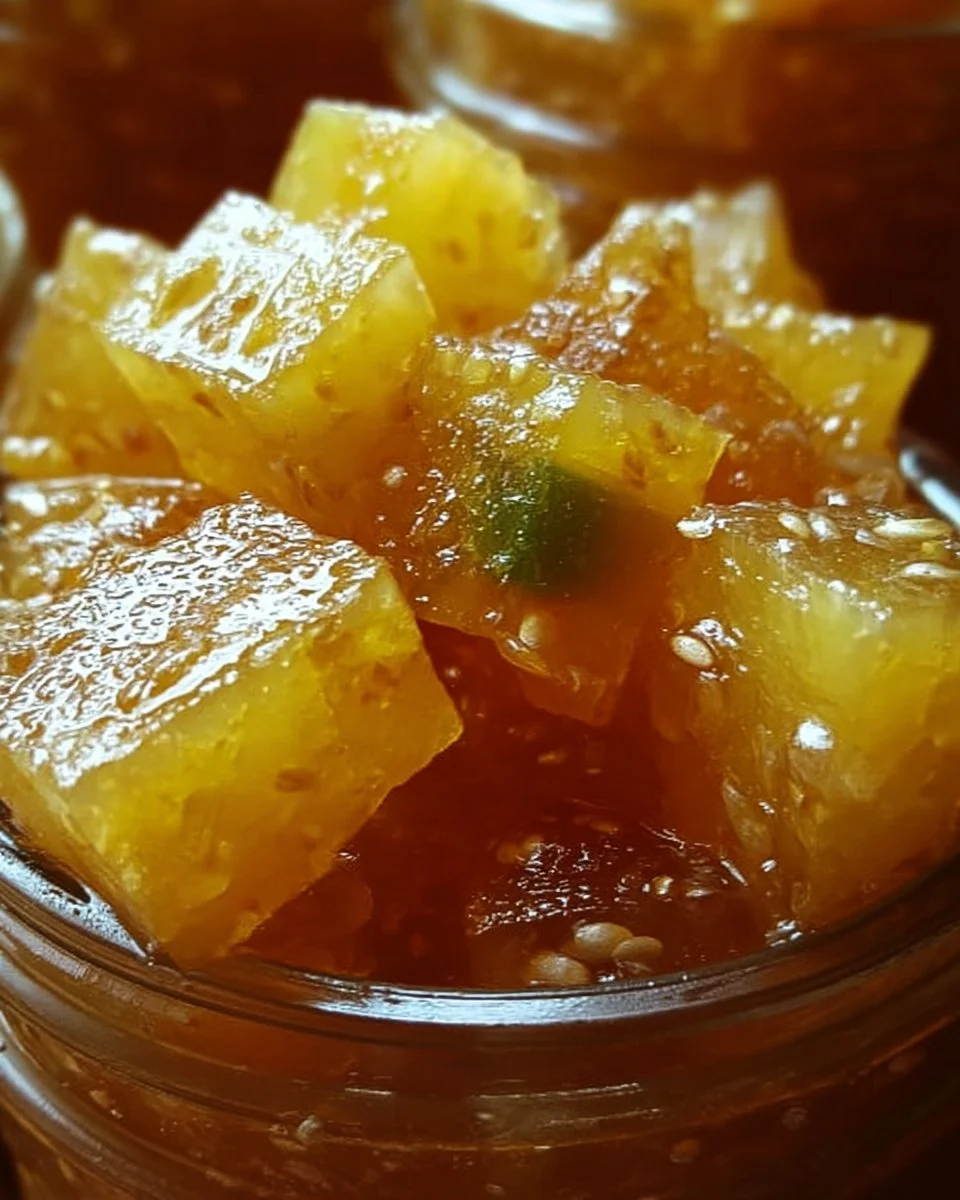 Pineapple-Cowboy Candy Pepper Jelly in a glass jar with fresh peppers and pineapples.