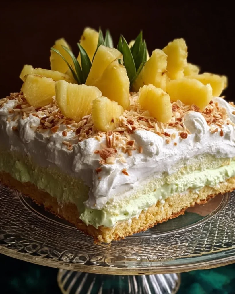 Delicious Pineapple Paradise Cake topped with tropical fruits and cream
