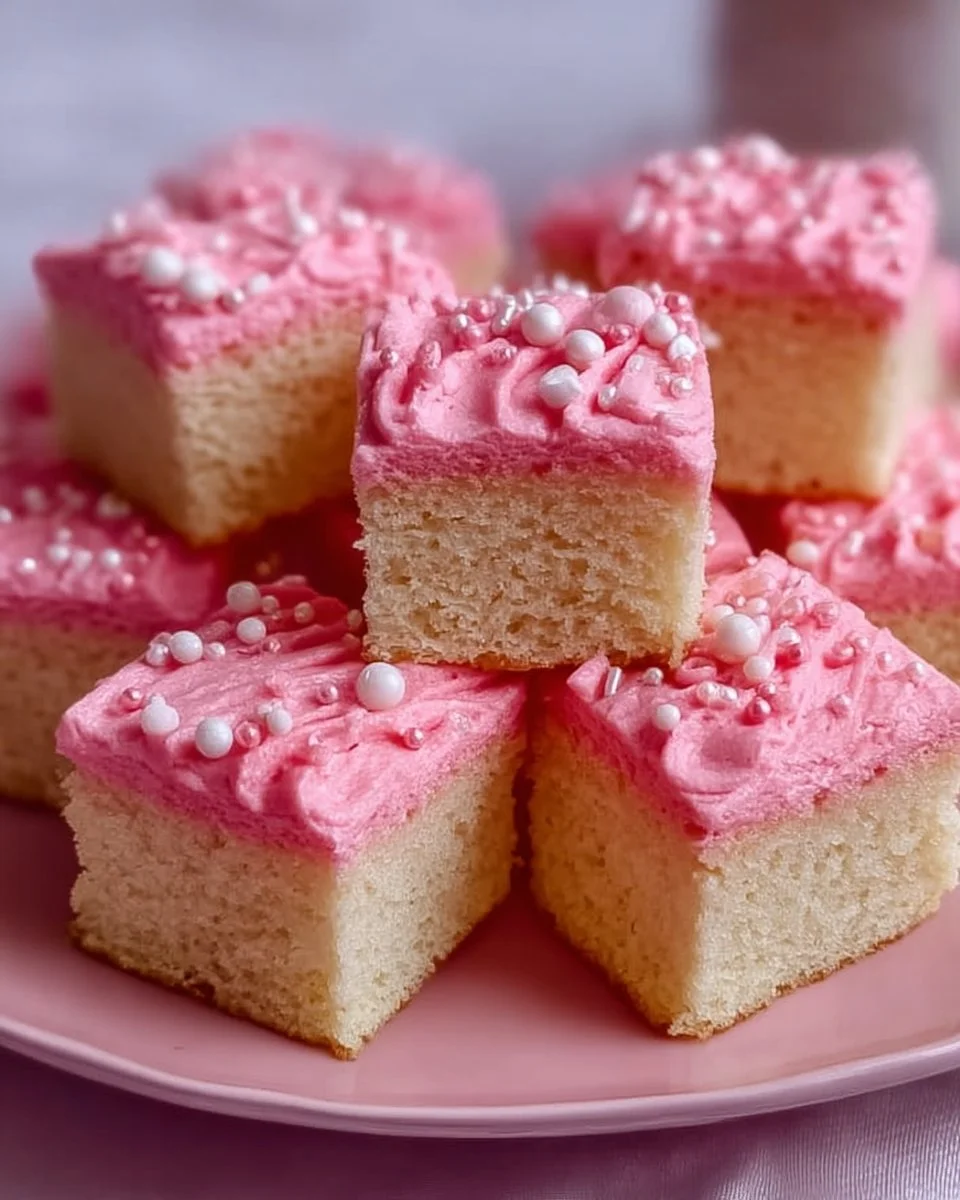 Pink Vanilla Cake Squares topped with frosting, showcasing a delicious vanilla flavor.