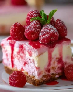 Pink velvet raspberry cheesecake with fresh raspberries garnish