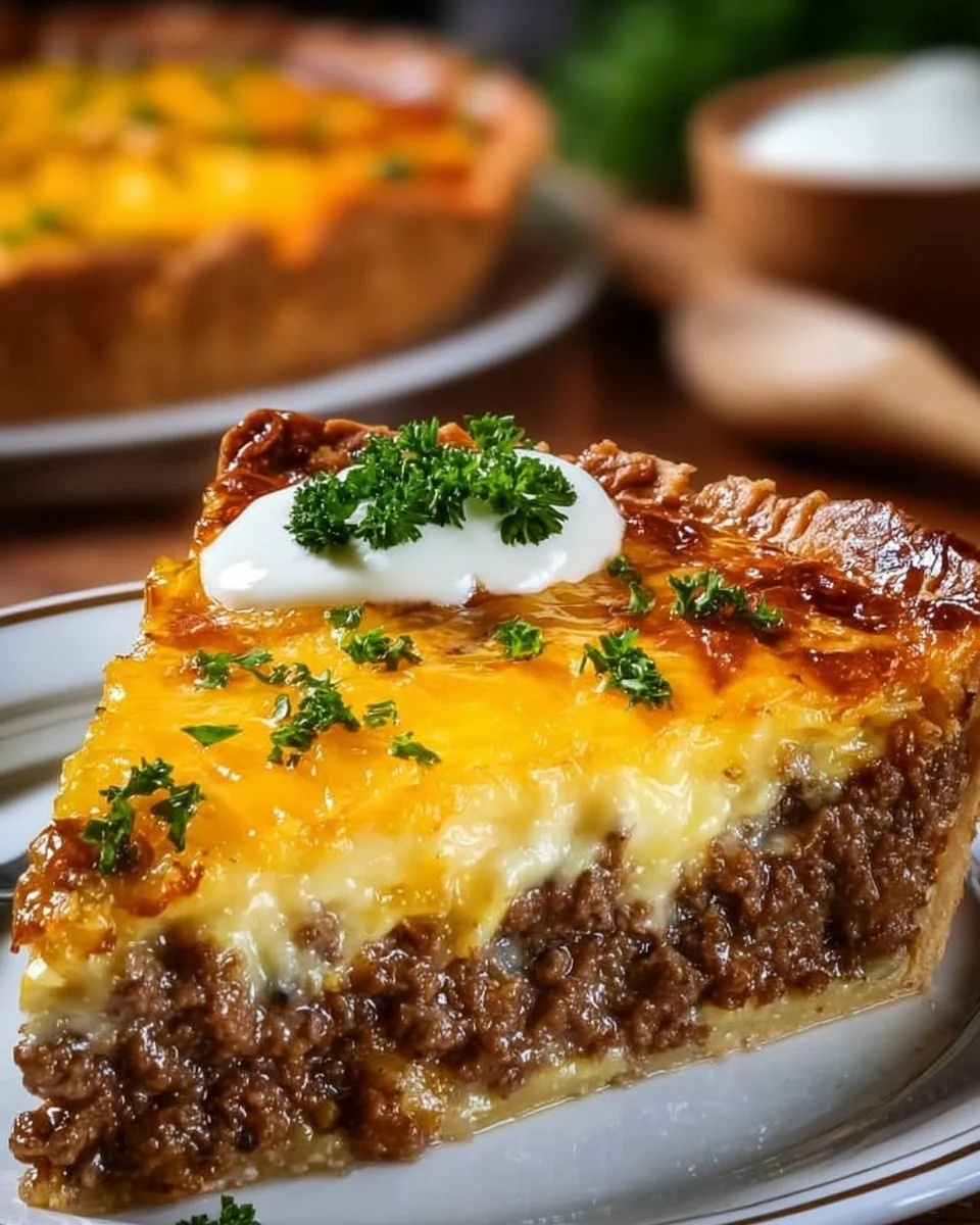 Slice of Pioneer Woman cheeseburger pie garnished with herbs on a white plate
