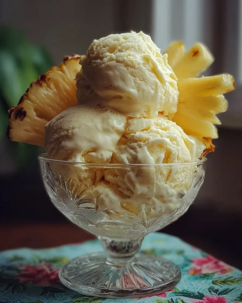 Delicious homemade pineapple ice cream in a bowl with fresh pineapple slices