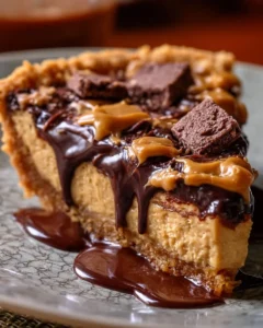 Delicious slice of Reese's Peanut Butter Cookie Pie topped with chocolate and peanuts