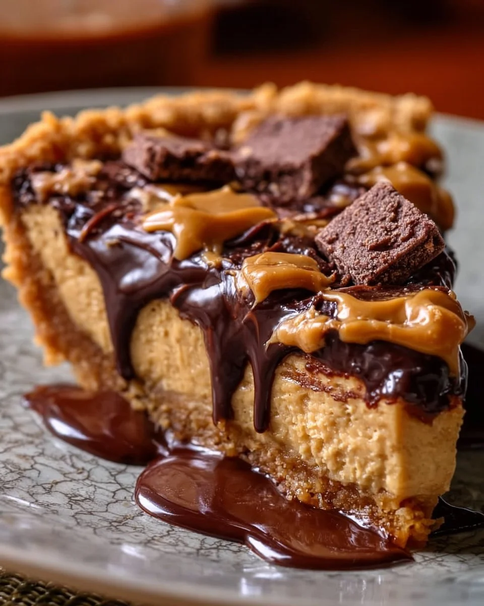 Delicious slice of Reese's Peanut Butter Cookie Pie topped with chocolate and peanuts
