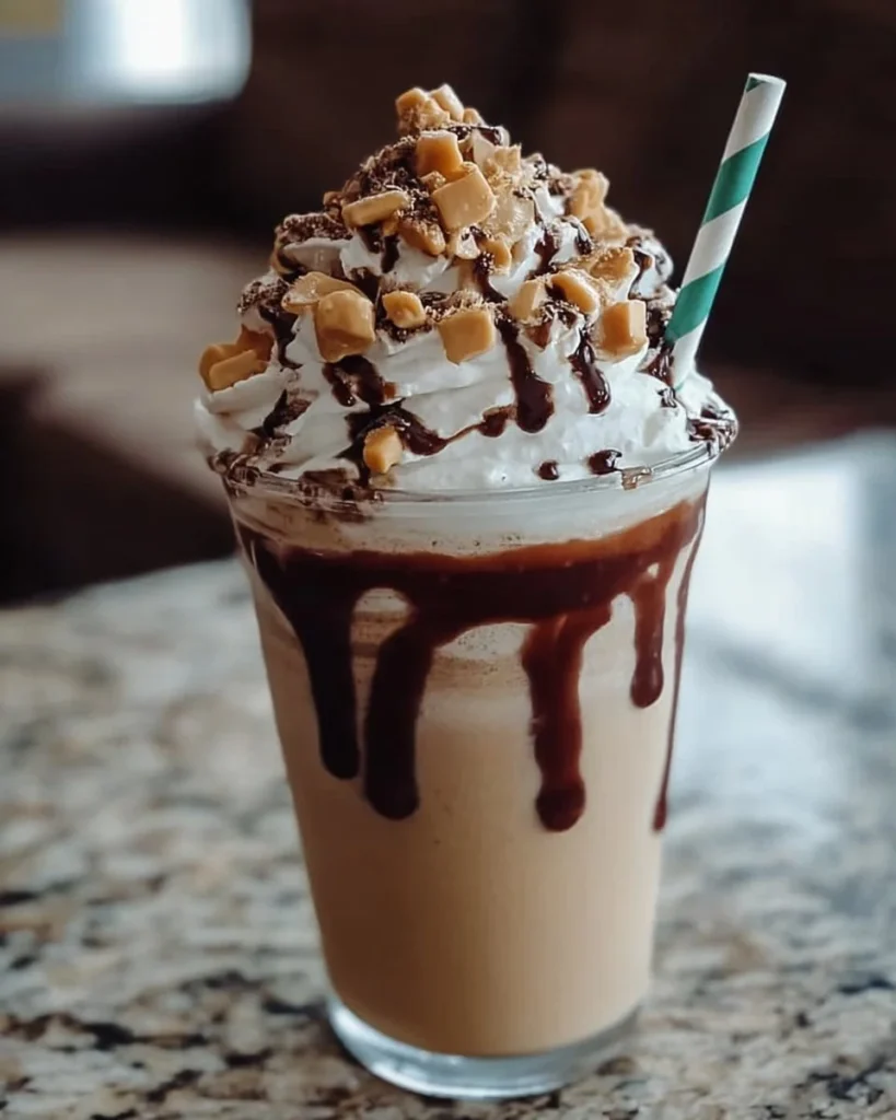 Reese's Peanut Butter Frappuccino with whipped cream and chocolate drizzle