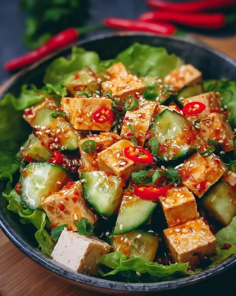 Refreshing and spicy tofu salad with colorful vegetables and a zesty dressing