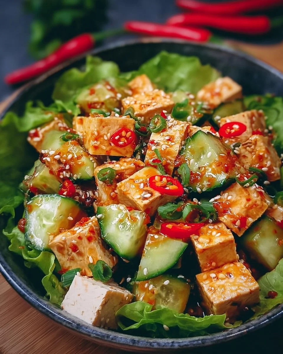 Refreshing and spicy tofu salad with colorful vegetables and a zesty dressing