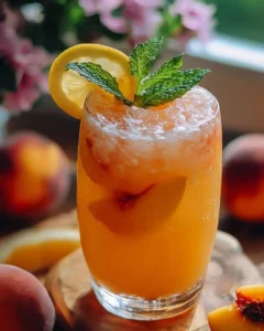 Glass of refreshing peach lemonade with slices of peach and lemon