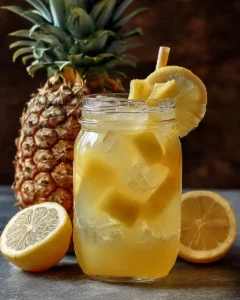 A glass of refreshing pineapple lemonade served with a slice of lemon.