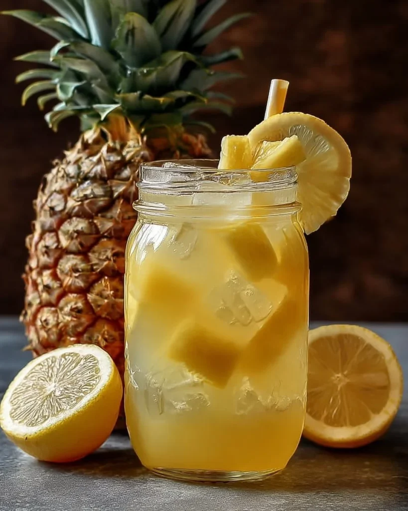 A glass of refreshing pineapple lemonade served with a slice of lemon.