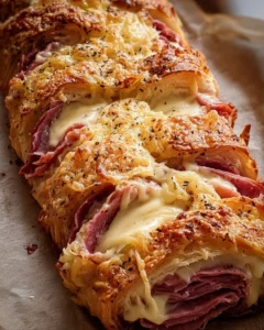 Delicious Reuben Crescent Bake garnished with herbs and served warm.